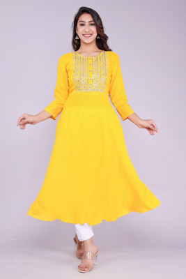 vakratunda Women Embroidered Gown Kurta(Yellow)