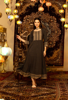 STRAYLO Women Floral Print Anarkali Kurta(Dark Blue)