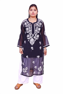 Unstop Women Chikan Embroidery Ethnic Dress Kurta(Black)