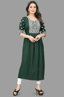 AGRAYYANA Women Embroidered Flared Kurta(Green)