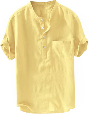 OM DESIGNER Men Solid Straight Kurta(Yellow)