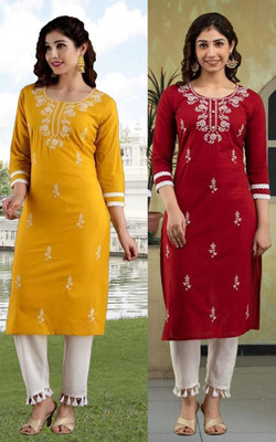 vikshi Women Chikan Embroidery Straight Kurta(Multicolor)