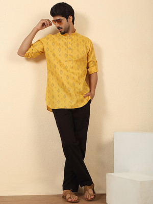 kraft india Men Floral Print Straight Kurta(Yellow)