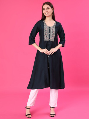 V-MART Women Embroidered A-line Kurta(Blue)