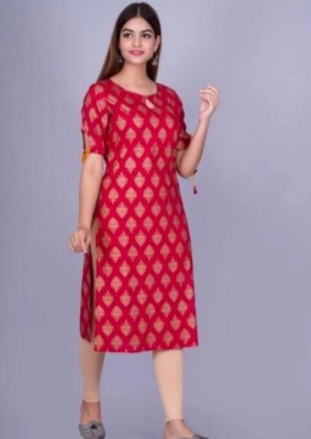 mezgown Women Block Print A-line Kurta(Gold, Red)