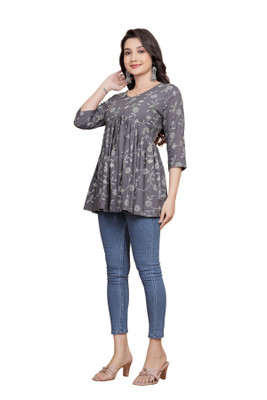 HouseOfCommon Women Printed Straight Kurta(Grey)