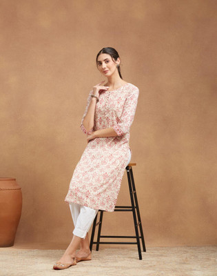 Fabindia Women Printed Straight Kurta(Pink)