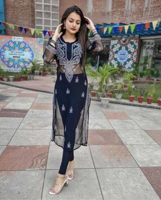 iteen Women Chikan Embroidery A-line Kurta(Black, White)