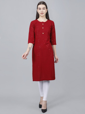 KNIT N STITCH Women Embroidered Straight Kurta(Red)