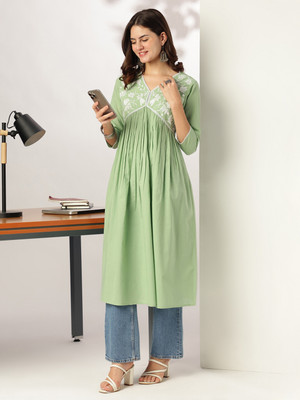 Janasya Women Embroidered A-line Kurta(Light Green)