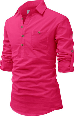 Amrit Trending Men Solid Straight Kurta(Pink)
