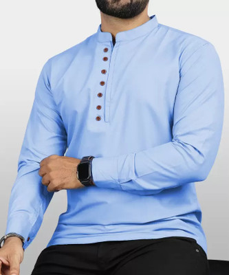 VTEXX Men Solid Straight Kurta(Light Blue)