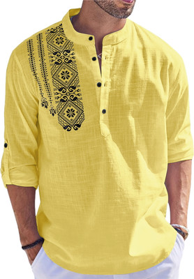 HOPEWEAR Men Printed Straight Kurta(Yellow)