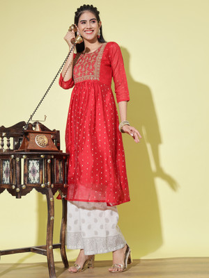 Divastri Women Embroidered Straight Kurta(Red)