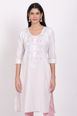 Madarwa Women Embroidered Straight Kurta(White)