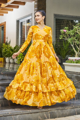 HouseOfCommon Women Printed Flared Kurta(Yellow)