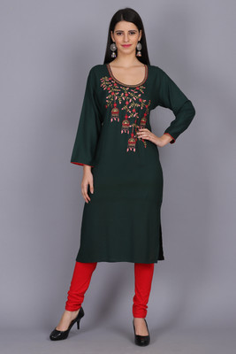 JAFREES Women Embroidered Straight Kurta(Dark Green)