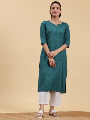 LIBAS Women Striped Straight Kurta(Green)