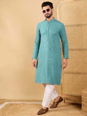 Ethnic Bay Men Embroidered Straight Kurta(Light Blue)