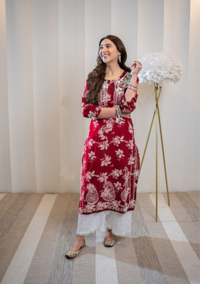 Divastri Women Embroidered Straight Kurta(Pink)
