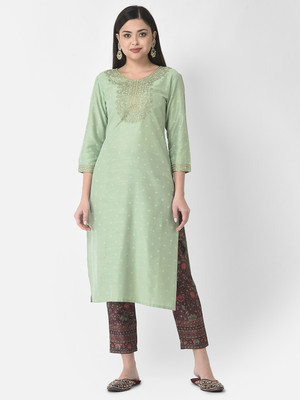 Span Women Self Design Straight Kurta(Light Green)