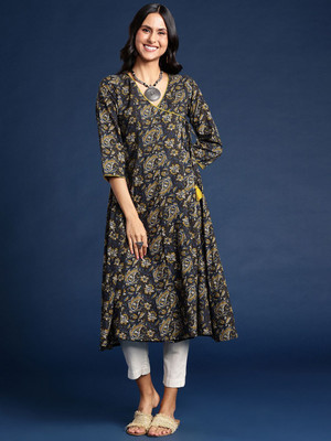 Taavi Women Block Print Flared Kurta(Black)
