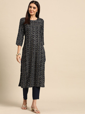 ANOUK Women Bandhani Straight Kurta(Dark Blue)