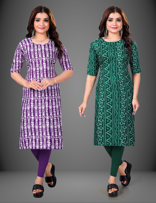 MOBHISA Women Printed Straight Kurta(Green)