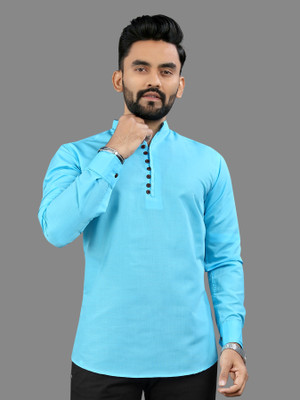 CELLUX Men Self Design Straight Kurta(Light Blue)