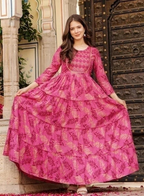 Bhagwati Traders Women Embroidered, Printed Flared Kurta(Pink, Maroon)