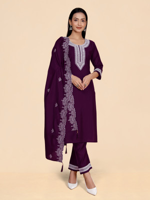 Flute Fashion Women Embroidered Straight Kurta(Purple)