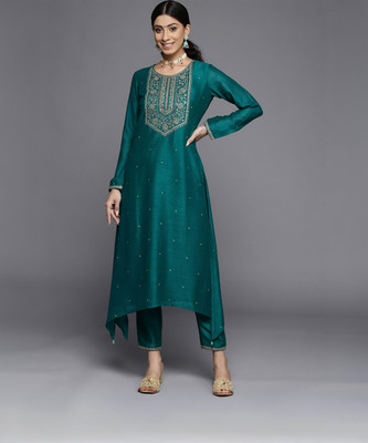 LIBAS Women Embroidered High Low Kurta(Dark Blue)