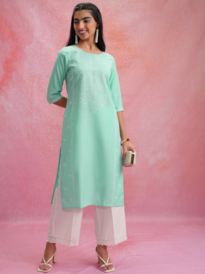 KETCH Women Embroidered Straight Kurta(Blue)