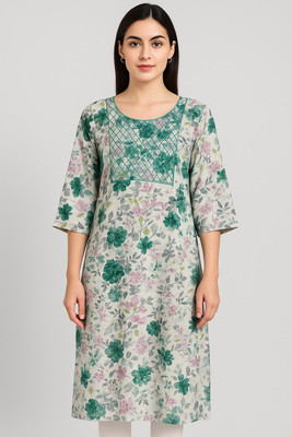 Velmora Fashion Women Floral Print Straight Kurta(Green, Grey)
