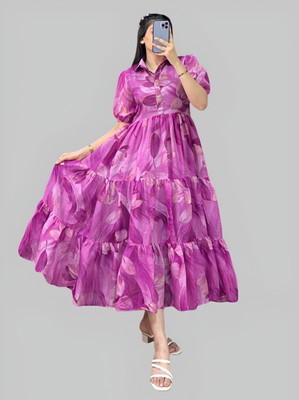 FOXDX Women Printed Anarkali Kurta(Pink)