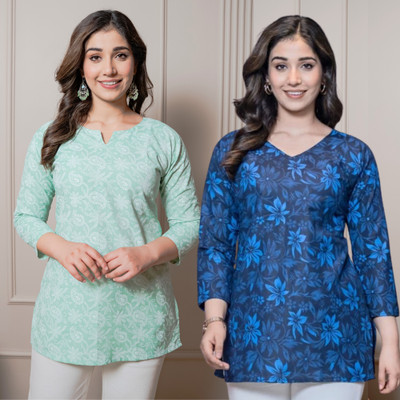 I N ENTERPRISES Women Floral Print Straight Kurta(Green, Blue)