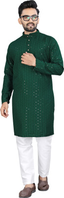 Shree Dutt Creation Men Chikan Embroidery Straight Kurta(Dark Green)