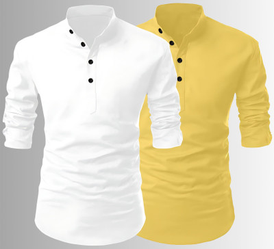 Fashion Marts Men Solid Straight Kurta(White, Yellow)