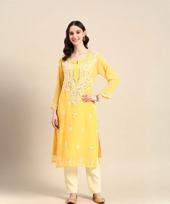 CHIKANKARI BY KK Women Chikan Embroidery Straight Kurta(White)