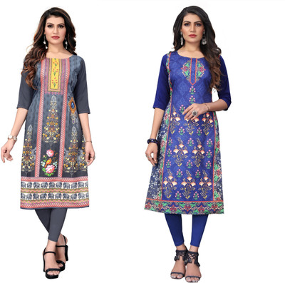 Yasti Enterprise Women Printed Anarkali Kurta(Grey, Blue)