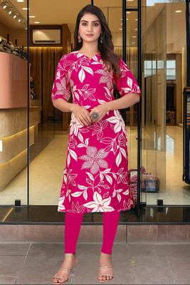 Sitara Setu Women Floral Print Straight Kurta(Pink, White)