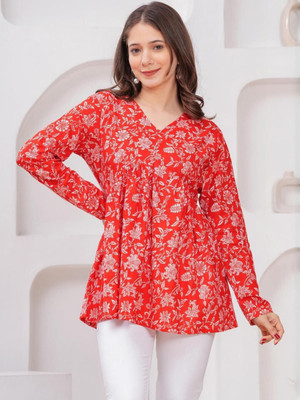 AURACRAFT Women Printed Flared Kurta(Red)