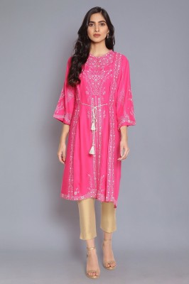 W Women Floral Print Straight Kurta(Pink)