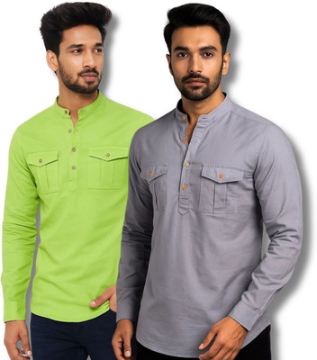 ClothTheory Men Solid Straight Kurta(Grey, Light Green)
