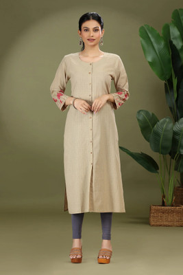 Cotton Culture Women Embroidered Straight Kurta(Beige)