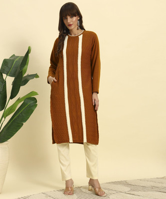 KILVESTED Women Striped Straight Kurta(Brown)