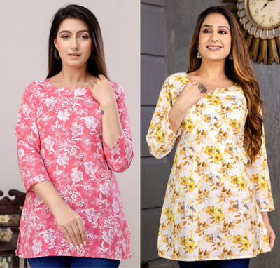 WULAMIA Women Floral Print A-line Kurta(Pink, Yellow)