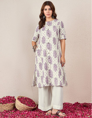 Skylee Women Floral Print, Printed, Embroidered Straight Kurta(White, Purple)