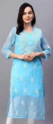 Mrs Right Women Embroidered A-line Kurta(Light Blue)