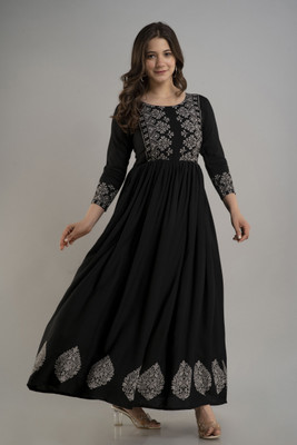 PURSHOTTAM WALA Women Printed Gown Kurta(Black)